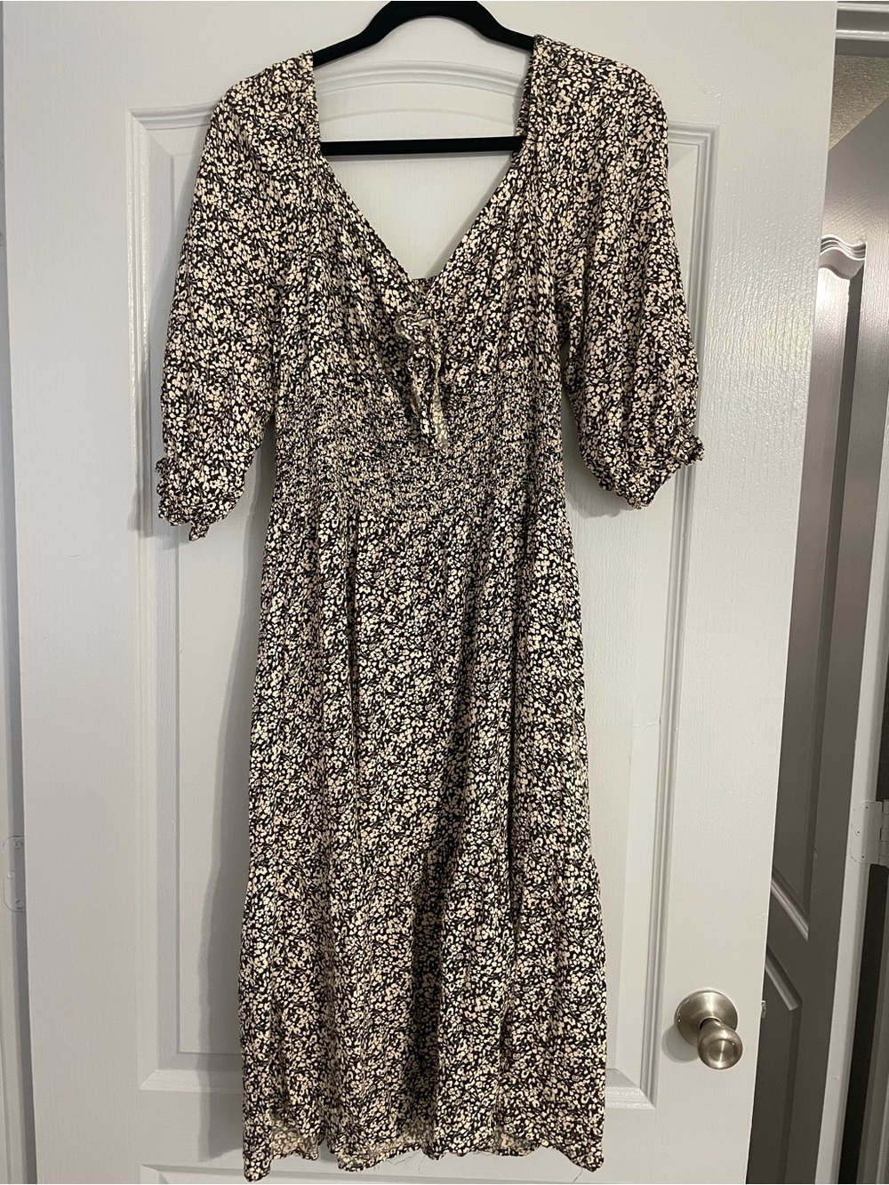 Floral Tie-Front Midi Dress in Black and Cream